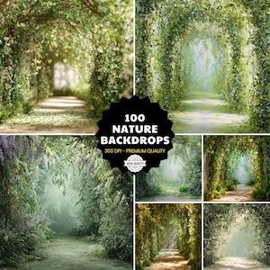 May include: Six nature backdrops displaying verdant foliage and pathways. The images depict tree and vine archways, with sunlight filtering through, creating a tranquil, natural setting. The text on the image reads "100 NATURE BACKDROPS".