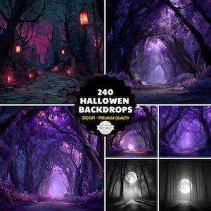 May include: A collection of Halloween backdrops featuring various spooky scenes. The images showcase a dark forest with purple and pink hues, a path leading to a castle, and a full moon in a misty forest. Text reads "240 Halloween Backdrops".