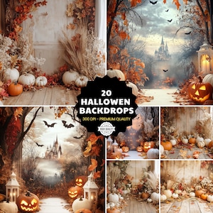 May include: A collage of 20 Halloween backdrops. The images feature pumpkins, autumn leaves, and spooky scenes with castles, bats, and lanterns. The backdrops are in warm tones of orange, brown, and white, with a high-quality 300 DPI resolution.