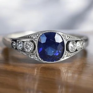 Vintage Sapphire Engagement Ring, Art Deco Blue Stone Ring, 14K White Gold Ring Milgrain Ring, Antique Style Anniversary Gift For Women&#39;s