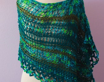 Boho Poncho, Airy Beach Cover Up, Green Blue Festival Clothing  Women's Teens Summer Poncho, Unique Style