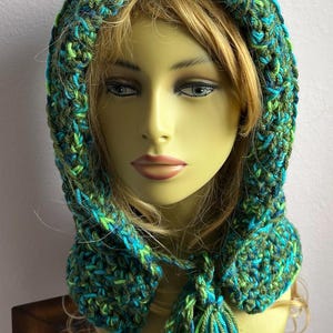 May include: A handmade crochet hood in shades of green and blue, displayed on a mannequin head. The hood features a textured stitch pattern and a tassel detail at the front. The yarn colors create a vibrant, eye-catching accessory.