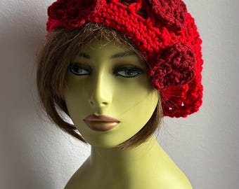 Red Crochet Slouchy Beanie: Boho Flower Snood Hat, Women Teens Beanie, Great Gift,  Free Shipping