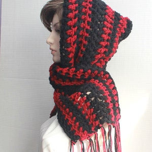Hand Knit Hooded Scarf: Crochet Pixie Hood with Fringe