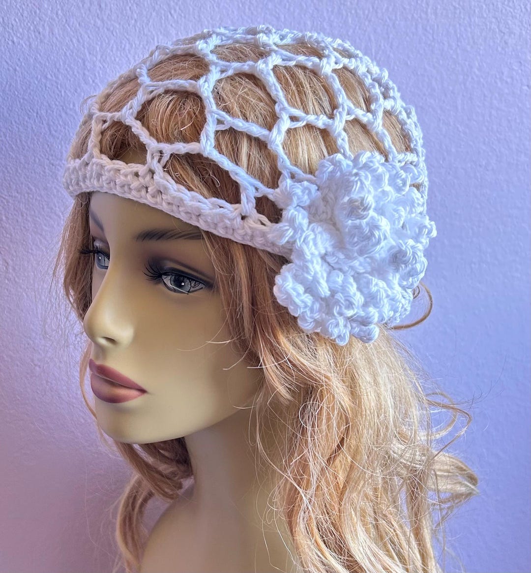 Crochet Beanie, White Mesh Hat, Fishnet Beanie With Flower, OOAK, Gift ...