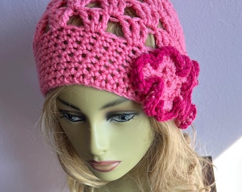 Crochet Beanie Hat: Pink Flowers Hat, All Seasons  Hat, Unique Style