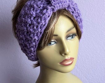 Crochet Ear Warmer Headband: Lilac Purple Knit Turban, Women Teens Hair Accessories