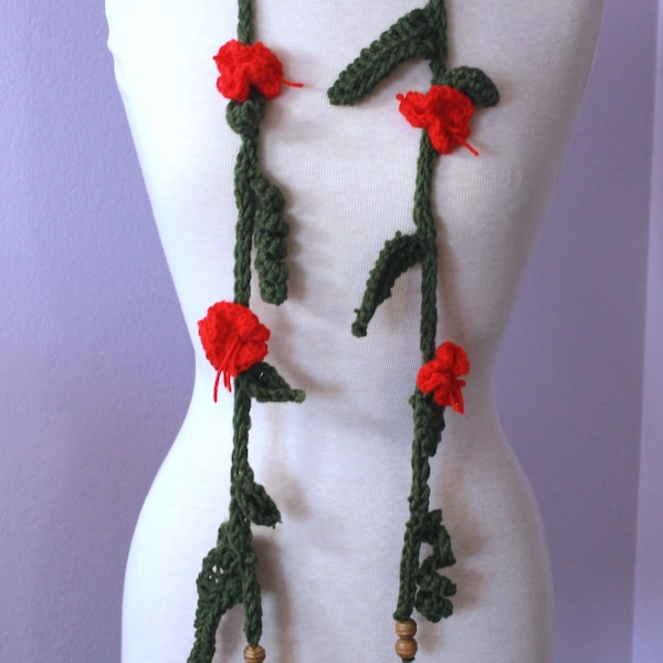 Flower Wrap Scarf, Necklace, Crochet Lariat, Red Flowers Jewelry  Skinny Scarf, Boho Necklace Crochet  Women’s Accessory Gift for Her
