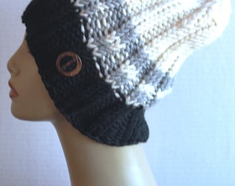 Hand Knit Wool Blend Slouchy Beanie: Striped Boho Tam with Coconut Button, Men Women Accessories