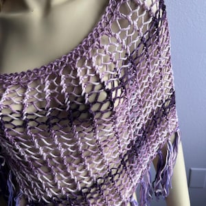 Crochet Fringe Poncho: Purple Boho Asymmetric Wrap