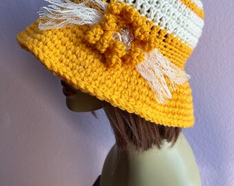 Women's Sun Hat: Crochet Honey Gold Stripes Hats, Wide  Brim  Boho Hat, Chemo Hats, Summer Flower Beach Hat