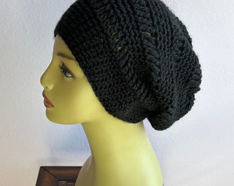 Hand Knitted Black Slouchy Beanie: Unisex Crochet Hat, Gift for Men,  for Women, Unique Design
