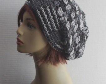 Hand Knit Slouchy Beanie: Marble Grey Crochet Winter Men Hat, Women Hat Teens Accessories Great Gift Free Shipping