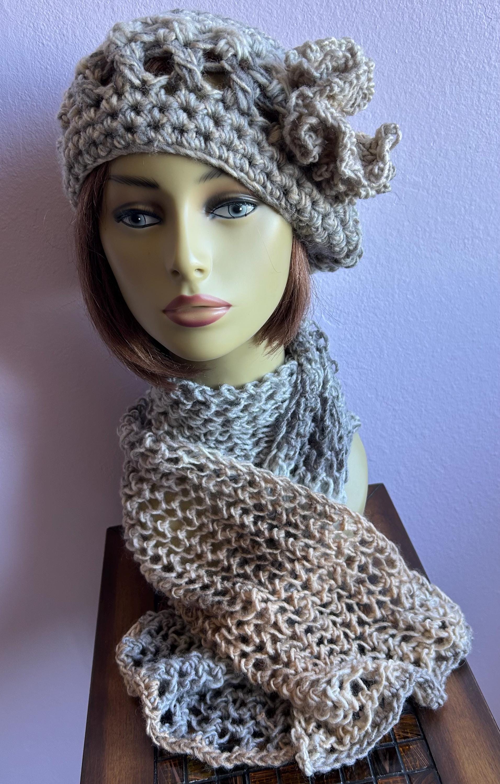 Hand Crochet Wool Hat Scarf Set, Detachable Flower, Women's Knit Beret Scarf Accessories