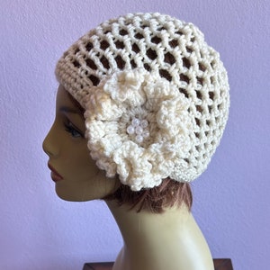 Crochet Fishnet Beanie, Mesh Crochet Cap, Cloche Hat, 1920s Style, ivory cream with flower and beads, unique design, gift for her