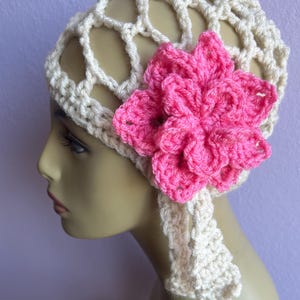 Crochet Net  Hat, Boho Mesh Beanie,  with Flower and Ties on the Side One Size Fit All gift for her