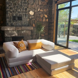 Pluffy Modular Floor Sofa: Ribbed Velvet Sectional Couch with Ottoman