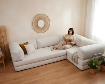 Canapé sectionnel moderne en forme de L : canapé minimaliste en velours côtelé avec revêtement lavable