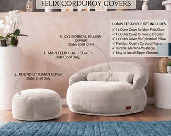 Juego de funda de pana Felix: puf de 3 piezas, otomana y fundas de almohada de repuesto