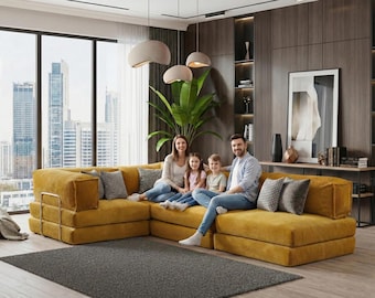 Corduroy Modular Sectional Sofa: Low Seating Living Room Lounger