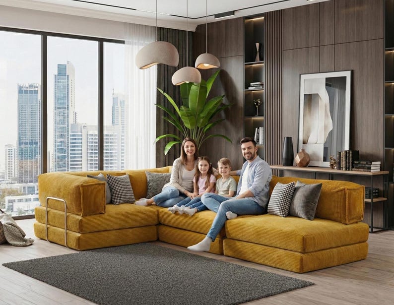 Corduroy Modular Sectional Sofa: Low Seating Living Room Lounger afbeelding 1