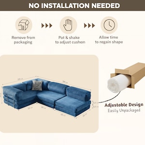 Op de afbeelding: Een blauwe hoekbank met afmetingen in cm. De afbeelding toont het uitpak- en aanpassingsproces. De tekst geeft een "Verstelbaar ontwerp" en "Gemakkelijk uitgepakt" aan. De bank meet 300 cm x 200 cm.