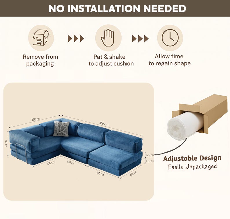 Op de afbeelding: Een blauwe hoekbank met afmetingen in cm. De afbeelding toont het uitpak- en aanpassingsproces. De tekst geeft een "Verstelbaar ontwerp" en "Gemakkelijk uitgepakt" aan. De bank meet 300 cm x 200 cm.