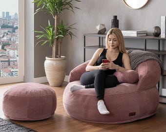 Washable Corduroy Lounge Chair, Zip Cover, Pet‑Friendly, Modern Beanbag Sofa