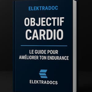 Peut inclure: Un livre à couverture rigide bleu foncé avec le titre "OBJECTIF CARDIO" en grandes lettres blanches. Le texte "LE GUIDE POUR AMÉLIORER TON ENDURANCE" est en dessous. Le titre du livre est "ELEKTRA DOC" et l'éditeur est "ELEKTRA DOCS".