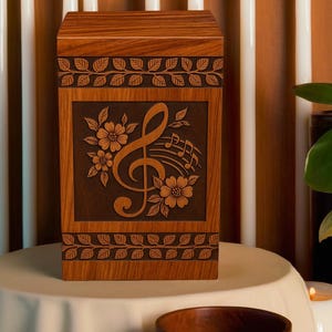Personalized Music Note Cremation Urn – Handcrafted Wooden Memorial Box for Ashes – Engraved Funeral Keepsake for Music Lovers