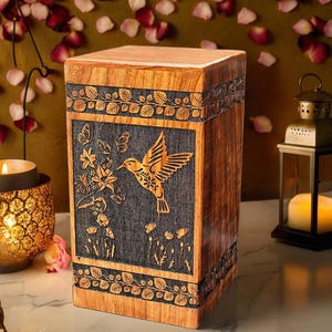 Rosewood Hummingbird Urn with Flowers, Adult Wooden Cremation Urn for Ashes, Handmade Floral Memorial Box, Unique Bird Lover Remembrance