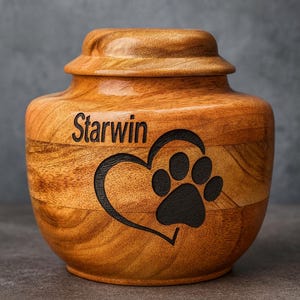 Custom Pet Portrait Engraved Wooden Urn – Personalized Dog or Cat Cremation Box – Memorial Ashes Keepsake for Pets