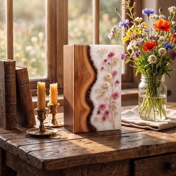 Wooden Urn Box for Human Ashes – Handmade Flower Resin Cremation Urn – Rosewood Memorial Keepsake Box