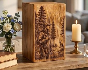 Hunter Urn Box for Human Ashes | Personalized Wooden Cremation Urn | Hunting Memorial Urn | Handmade Ashes Box