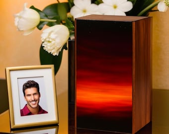 Wooden Sunset Urn – Handcrafted Rosewood Cremation Box for Human Ashes – Personalized Sunset Memorial Keepsake