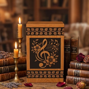 May include: A wooden urn featuring a carved musical note design, framed by floral and leaf patterns. The urn is presented with candles, books, and dried flowers, evoking a vintage feel. The design includes a treble clef, musical notes, and floral elements.