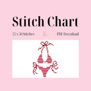 May include: A cross-stitch chart with a pink background and the words "Stitch Chart" in black. The chart features a pixelated bikini in red and pink stripes. Text below reads "35 x 50 Stitches" and "PDF Download".