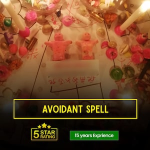 May include: A photograph showing two small, pink human-shaped figures, surrounded by candles, colourful beads, and other ritualistic items. The text "AVOIDANT SPELL" is displayed in a yellow box.