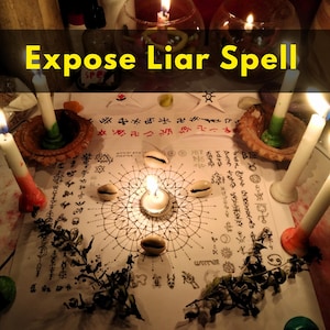 May include: An altar setup with candles, shells, and a central candle flame. The text "Expose Liar Spell" is displayed across the top. The scene includes ritualistic elements, suggesting a spiritual or mystical theme.