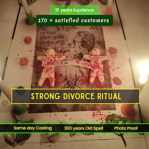 以下が含まれることがあります： ろうそく、置物、そして「STRONG DIVORCE RITUAL」というテキストを使った儀式のセットアップを描いた画像。このシーンには、中心的なイラストと「15 years Exprience」と「170 + satisfied customers」というテキストが含まれています。