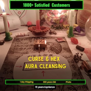 May include: A ritual setup featuring three lit candles, a small clay dish, and a central wooden padlock engraved with a symbol. A parchment with handwritten text and drawings lies beneath the lock, displaying the text CURSE & HEX AURA CLEANSING.