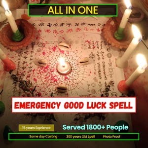 Può includere: Un foglio di carta bianco con simboli geometrici neri e testo, circondato da cinque candele bianche accese in supporti di argilla e quattro conchiglie di ciprea. Il testo recita ALL IN ONE, EMERGENCY GOOD LUCK SPELL, 15 years Experience, Served 1800+ People.