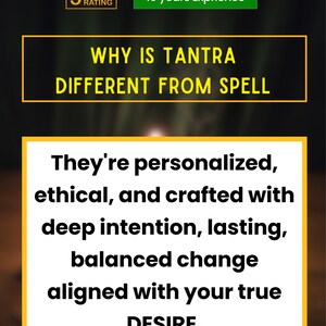 Puede incluir: Un gr&aacute;fico rectangular con fondo oscuro que presenta un icono de calificaci&oacute;n de 5 estrellas amarillo y un cuadro verde que indica 15 years Exprience. El texto dice WHY IS TANTRA DIFFERENT FROM SPELL seguido de They're personalized, ethical, and crafted with deep intention, lasting, balanced change aligned with your true DESIRE.