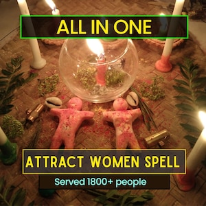 May include: A ritual set featuring two pink humanoid wax figures, a central glass bowl with a lit candle, and surrounding white taper candles. The image includes text reading ALL IN ONE, ATTRACT WOMEN SPELL, and Served 1800+ people, with scattered green foliage and small shells.