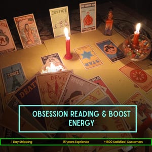 May include: A mystical scene featuring tarot cards, lit candles, and a small glass bowl filled with colorful stones. The cards display various illustrations and text, with the words "OBSESSION READING & BOOST ENERGY" in a rectangular box.