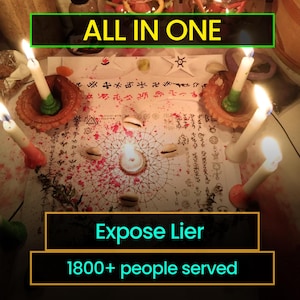 May include: A white paper sheet featuring black geometric patterns, symbols, and red powder, surrounded by six lit white candles in clay holders and small seashells. The image includes the text ALL IN ONE, Expose Lier, and 1800+ people served.