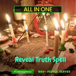 Könnte beinhalten: Eine Ansammlung brennender weißer Kerzen, die um ein bedrucktes Pergament mit komplizierten Symbolen und Text angeordnet sind. Das Bild enthält den Text ALL IN ONE, Reveal Truth Spell, 15 years Exprience und 1800+ PEOPLE SERVED. Ein roter Rahmen steht dahinter.