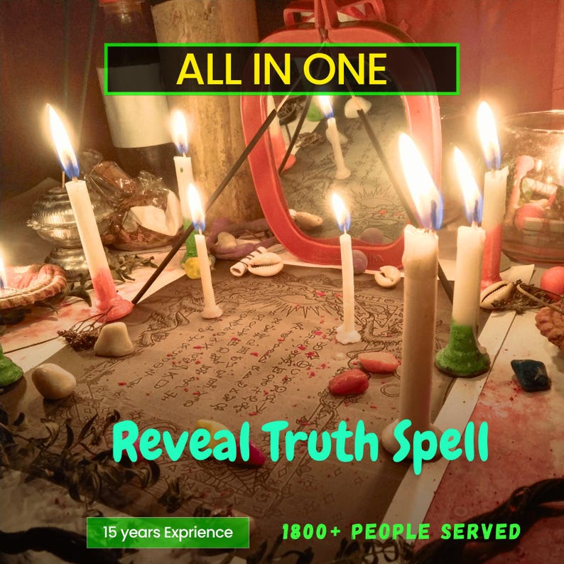 Puede incluir: Una colecci&oacute;n de velas blancas encendidas dispuestas alrededor de un pergamino impreso con s&iacute;mbolos y texto. La imagen incluye el texto ALL IN ONE, Reveal Truth Spell, 15 years Exprience y 1800+ PEOPLE SERVED. Un marco rojo se encuentra detr&aacute;s.
