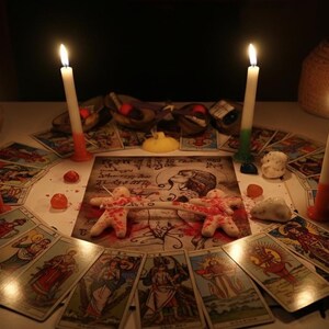 K&ouml;nnte beinhalten: Eine kreisf&ouml;rmige Anordnung von Tarotkarten um einen zentralen rechteckigen Druck, der eine Zeichnung einer Person und zwei kleine Stoffpuppen zeigt, die durch ein wei&szlig;es Band verbunden sind. Vier brennende Stabkerzen stehen um die Karten herum.