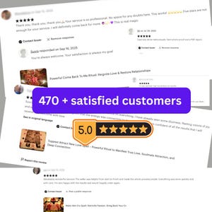 Puede incluir: Un collage digital de rese&ntilde;as de clientes con valoraciones de cinco estrellas, testimonios de texto e im&aacute;genes de productos para servicios espirituales. Una pancarta morada muestra el texto blanco 470 + satisfied customers.